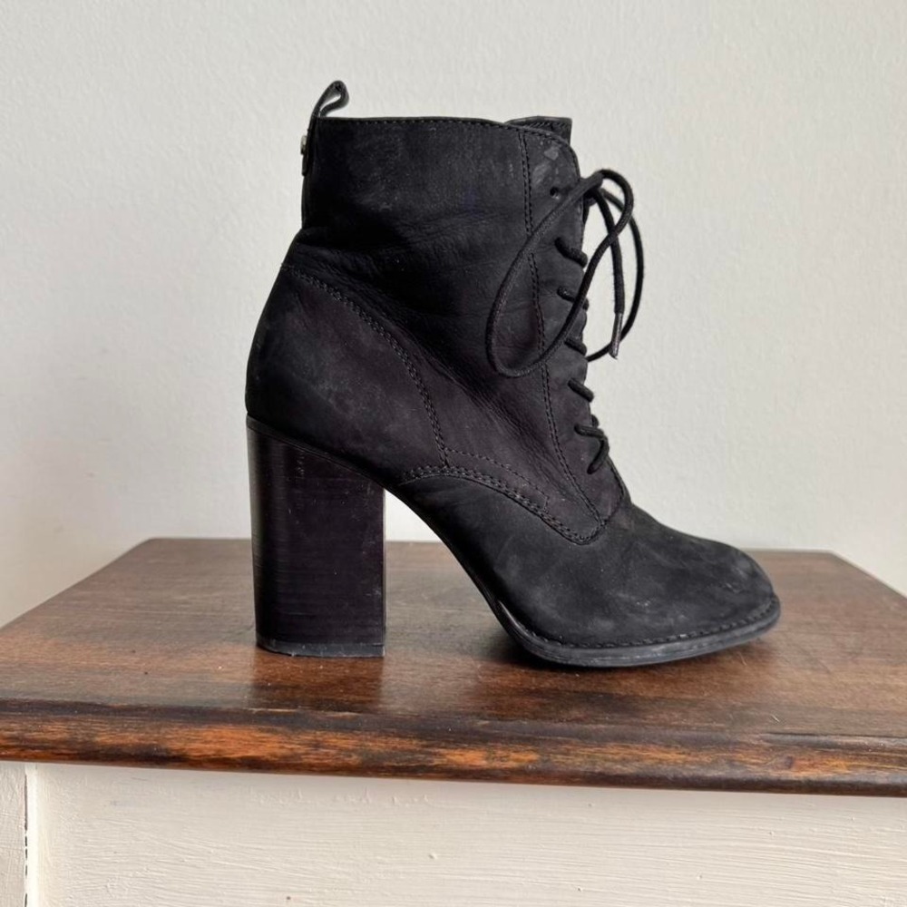 Black‎ leather lace up ankle boot size 7 grunge moto boho indie block heel